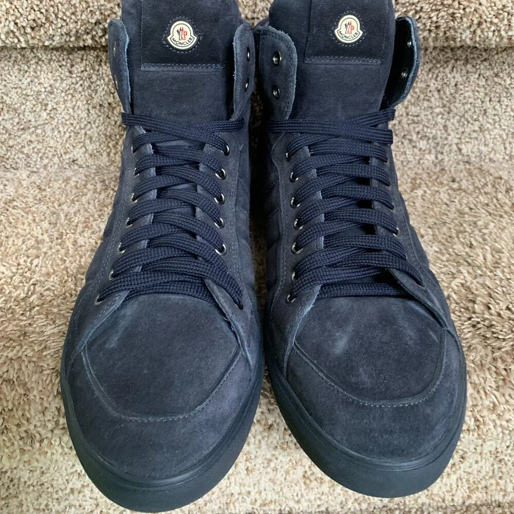 Moncler Men's Suede Blue Round-Toes Lace-Up High Top Sneakers . - Picture 3 of 15